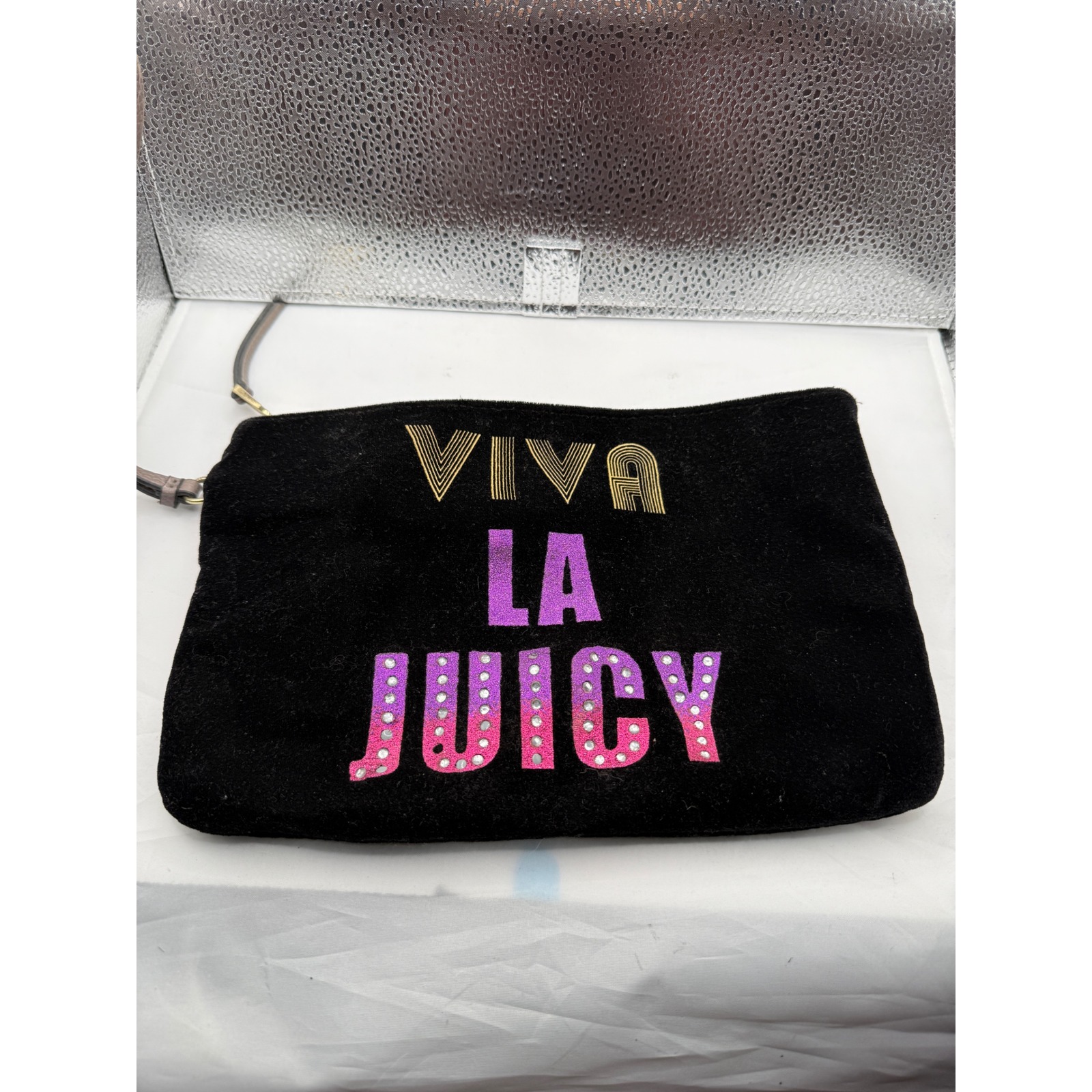 Juicy Couture Viva La Juicy Black Velour Clutch Wristlet Pouch Cosmetic Bag